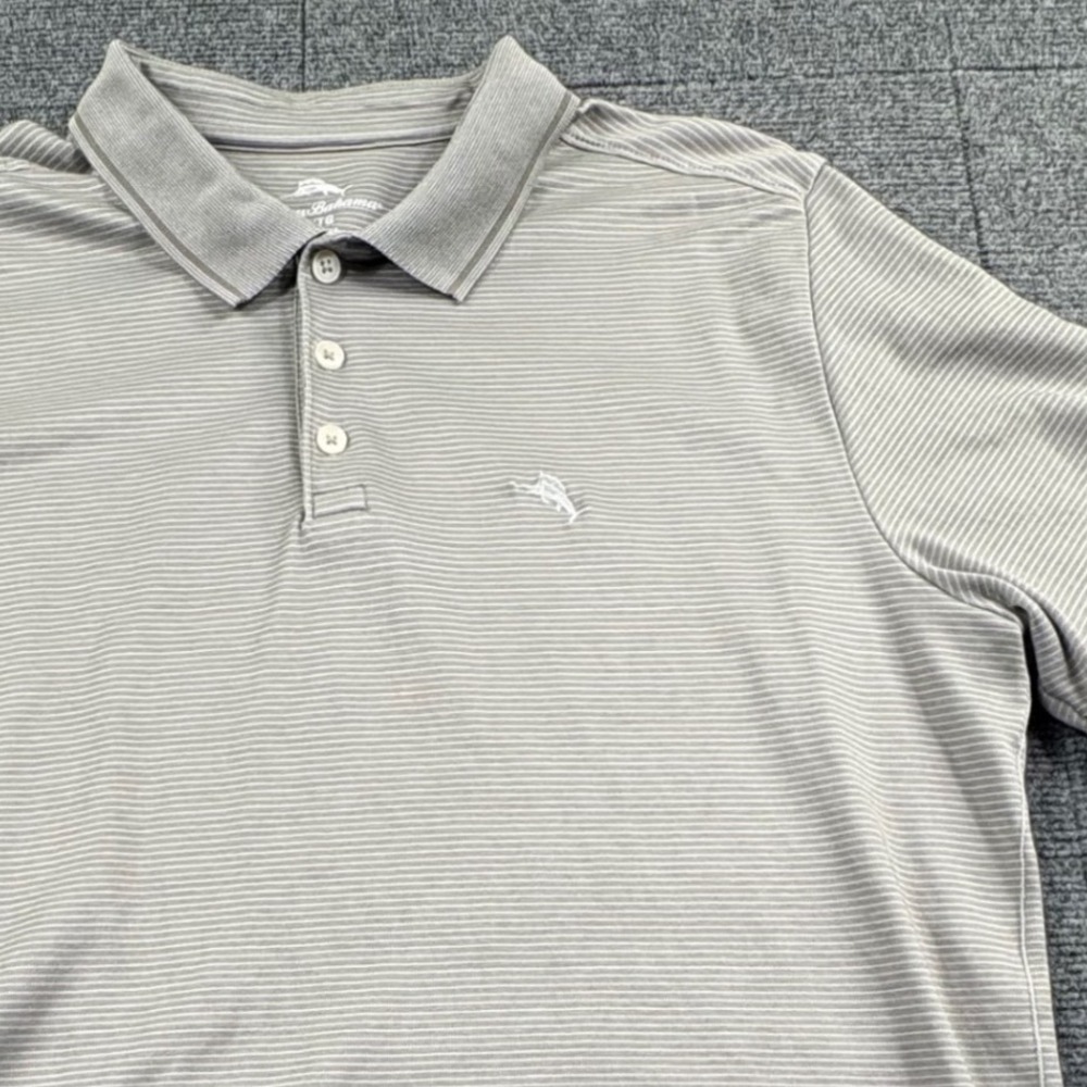 Tommy Bahama Mens XL Gray White Striped Short Sleeve Cotton Blend Polo Shirt